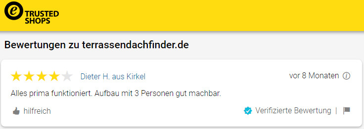 Erfahrungen von Kunden auf Trusted Shops fuer terrassendachfinder.de