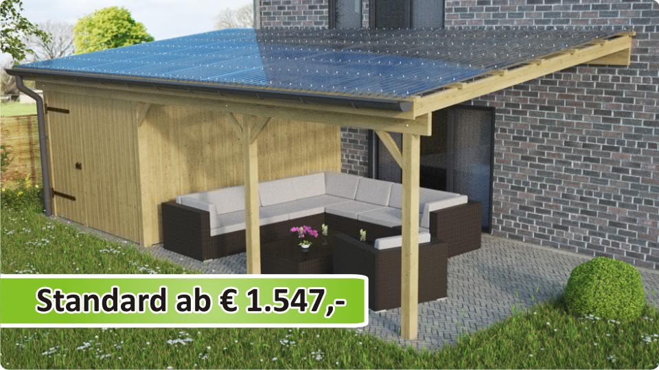 Terrassenüberdachung Anbau aus Holz und mit Geräteraum