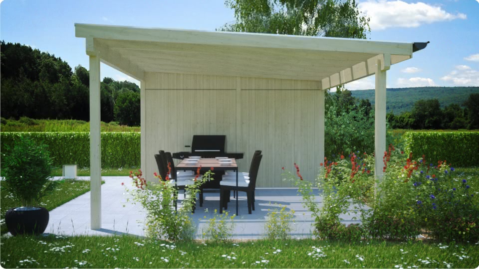 Holz-Terrassenüberdachung freistehend mit Abstellraum Holz-Terrassenüberdachung freistehend mit Geräteraum