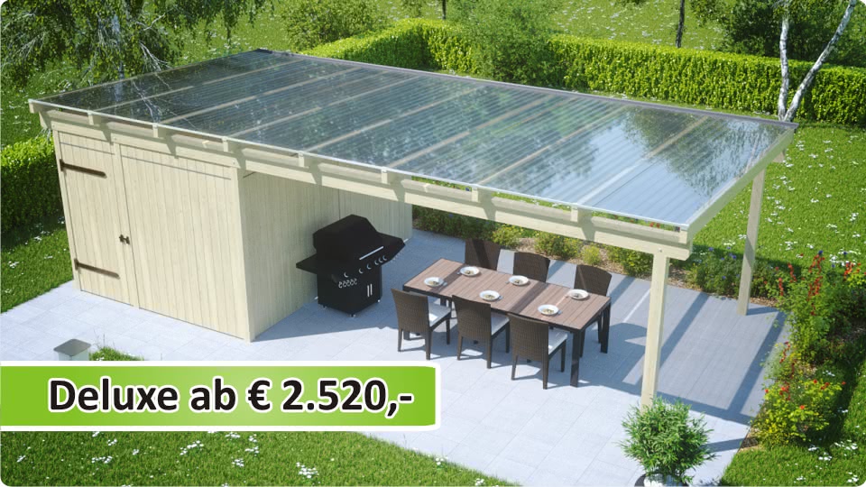 Terrassenüberdachung freistehend aus Leimholz und mit Schuppen