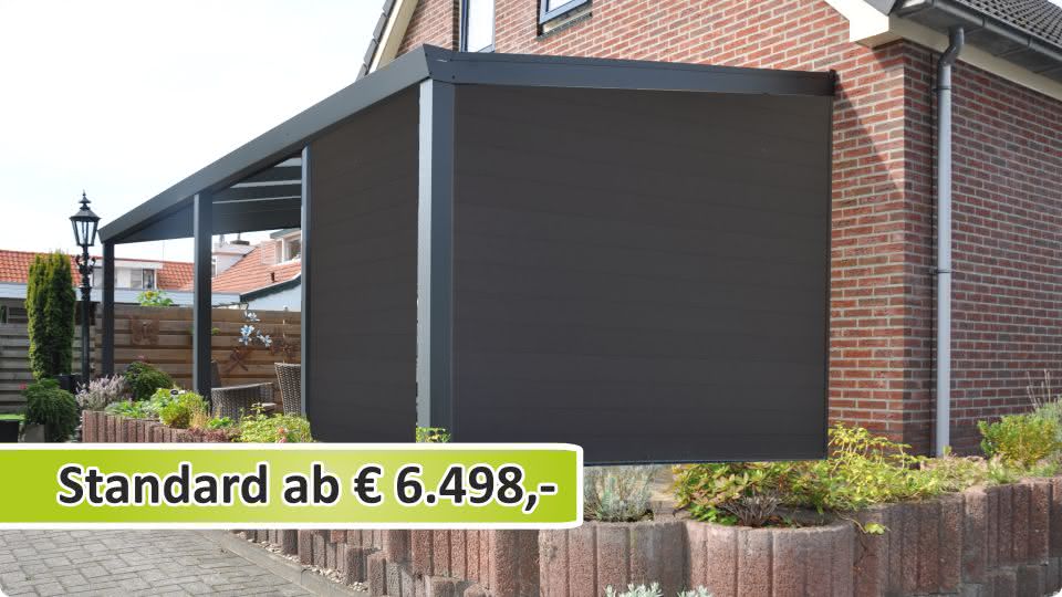 Terrassenüberdachung Anbau aus Aluminium und mit Schuppen