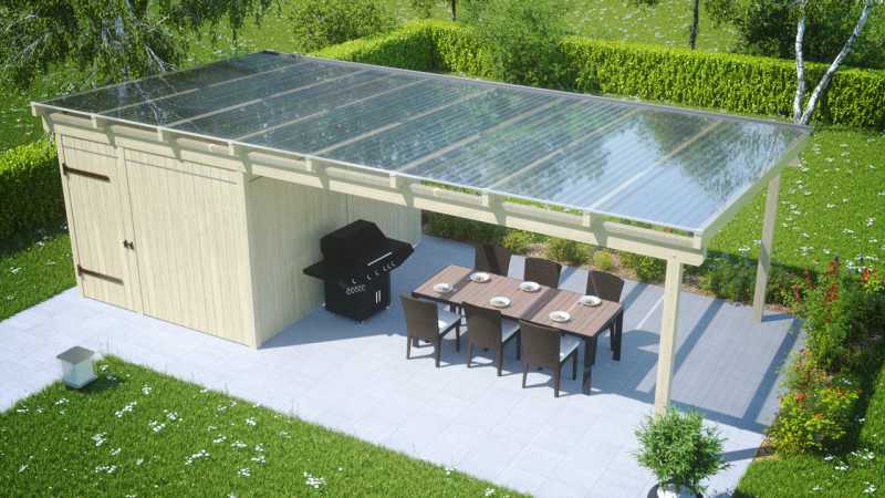 Freistehendes Terrassendach aus Leimholz mit Abstellraum