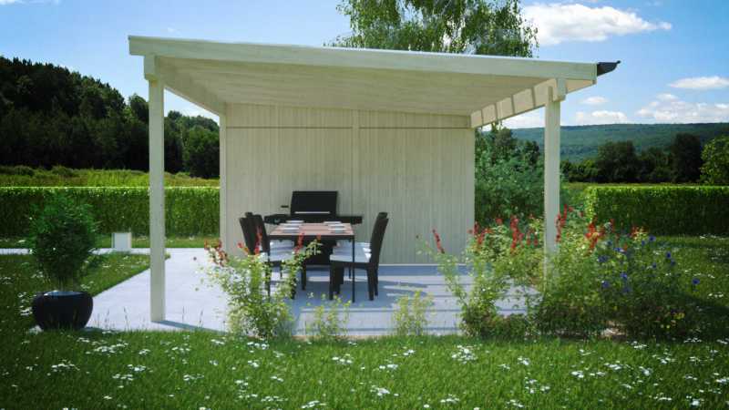 Freistehendes Terrassendach aus Holz mit Abstellraum